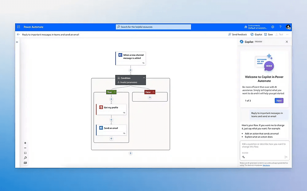 Microsoft Copilot in Power Automate helps you create and extend automations using natural language.